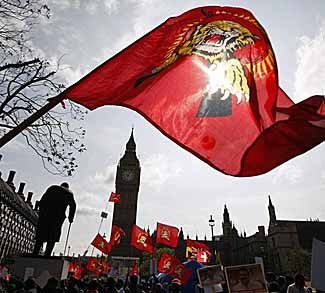 Tamil protesters demonstrate on Parliament square outside the Houses of Parliament in London