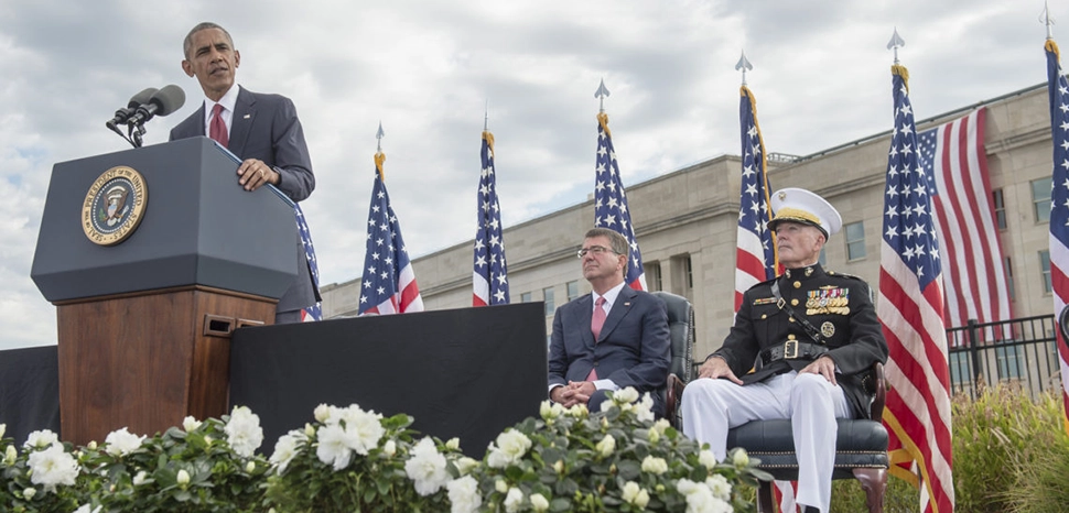 President Barack Obama speaks during a ceremony honoring the 15th anniversary of the 9/11 attacks Sept. 11, 2016, at the Pentagon in Washington, D.C. (DoD photo by U.S. Air Force Tech. Sgt. Brigitte N. Brantley) https://uz.usembassy.gov/remarks-president-obama-911-memorial-observance-ceremony/