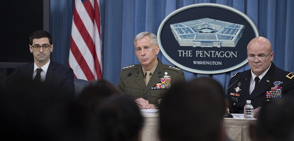 From left, Assistant Secretary of Defense for International Security Affairs Robert S. Karem; Marine Corps Gen. Thomas D. Waldhauser, commander of U.S. Africa Command; and Army Maj. Gen. Roger L. Cloutier Jr., Africom’s chief of staff and the investigating officer for the Army Regulation 15-6 investigation into the Oct. 4, 2017, attack in Niger, brief the Pentagon press corps on the results of the investigation, May 10, 2018. DoD photo by Navy Petty Officer 1st Class Kathryn E. Holm