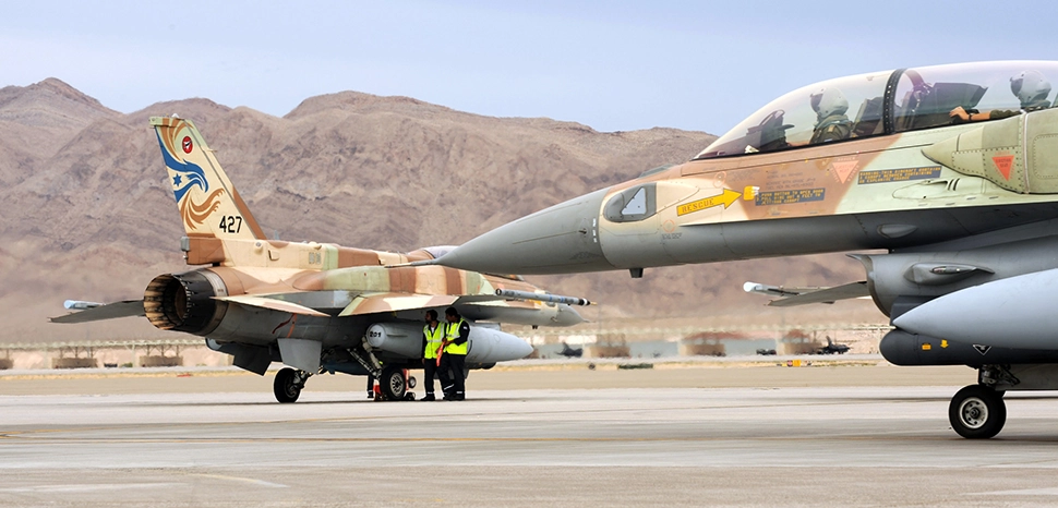 Israeli F-16CGs taxis toward the end of the runway at Nellis Air Force Base, Nev., before departing on a training mission during Red Flag 09-4 on July 20, 2009. Red Flag is a realistic combat training exercise involving the air forces of the United States and its allies. (U.S. Air Force photo/ Tech. Sgt. Michael R Holzworth) / https://www.nellis.af.mil/News/Article/285588/israeli-allies-fly-with-us-forces-at-red-flag/