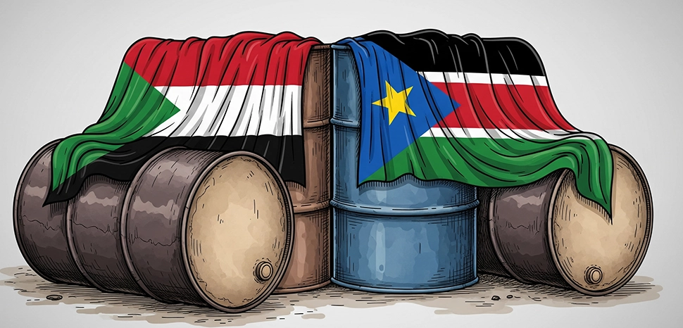 South Sudan and Sudan flags on oil drums, Generated by Google Gemini on July 29, 2025.
