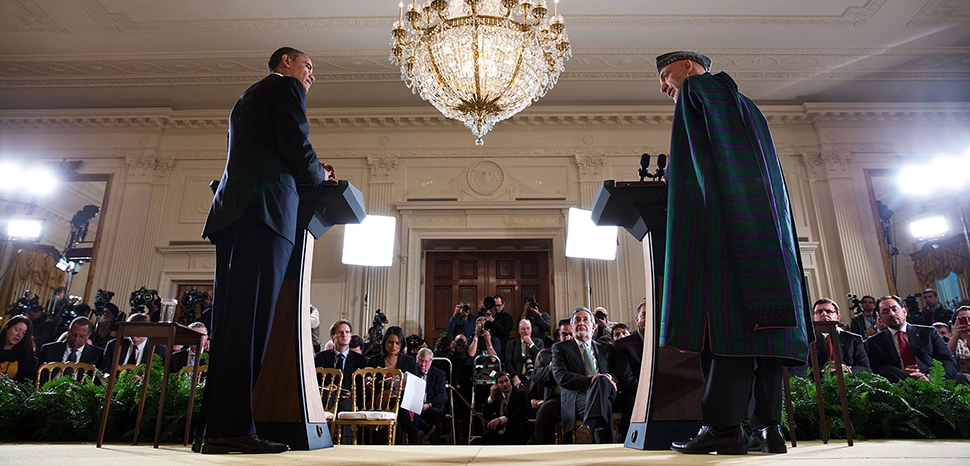 cc President Barack Obama and President Hamid Karzai of Afghanistan participate in a joint press conference in the East Room of the White House, Jan. 11, 2013. (Official White House Photo by Lawrence Jackson) / https://obamawhitehouse.archives.gov/blog/2013/01/11/president-obama-hosts-president-karzai