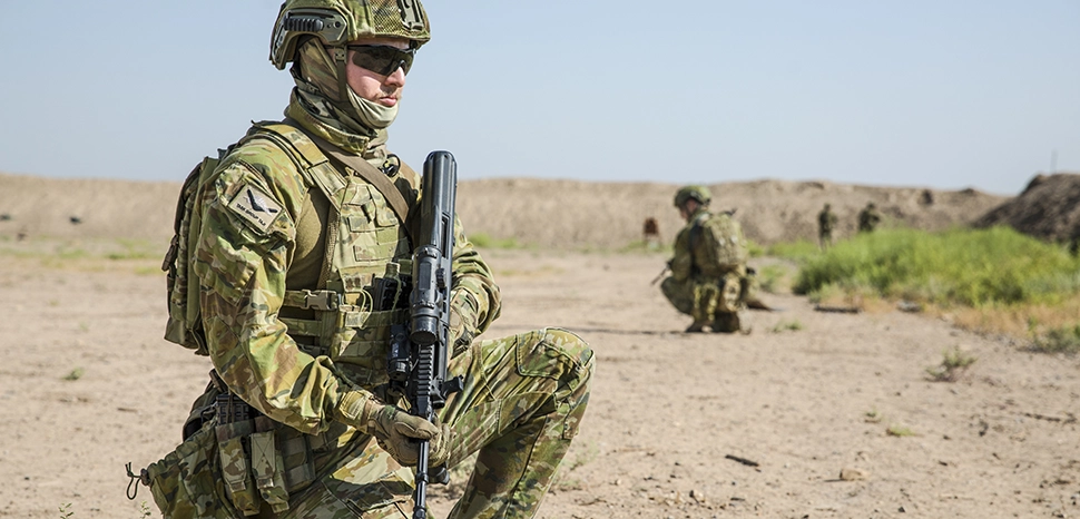 cc U.S. Army photo by Spc. Audrey Ward, modified, https://commons.wikimedia.org/wiki/File:Australian_soldier_providing_security_during_an_exercise_at_Camp_Taji_in_August_2018.jpg