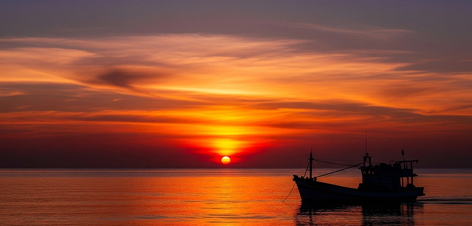                 A trawler at sunset; AI generated, Generated by Google Gemini on August 5, 2025.
              