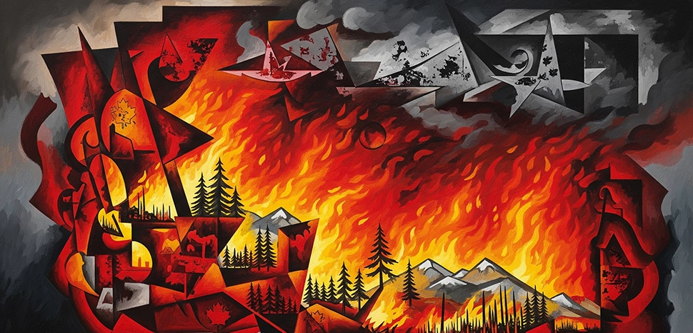 Canada wildfires, Generated by Google Gemini AI on August 8, 2025. All flags, maps, and likenesses contained within this image are not necessarily accurate representations of reality.