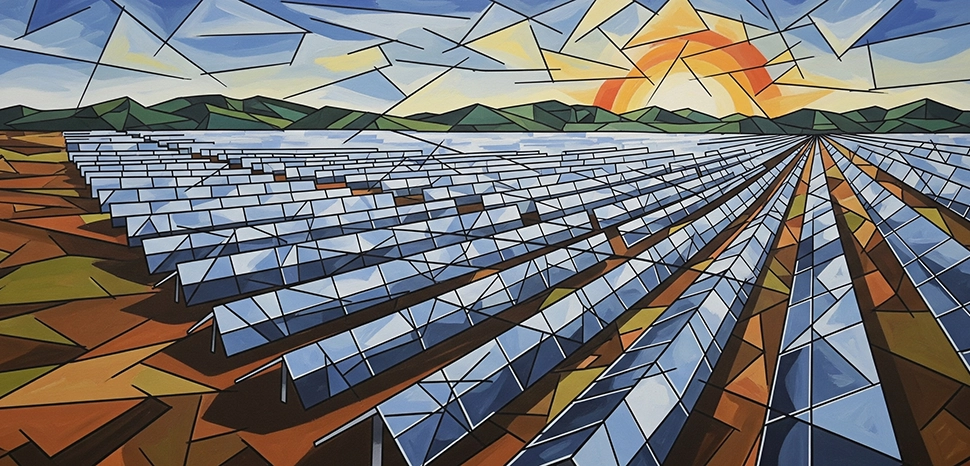 Solar Farm, AI Abstraction, Generated by Google Gemini AI on August 8, 2025. All flags, maps, and likenesses contained within this image are not necessarily accurate representations of reality.