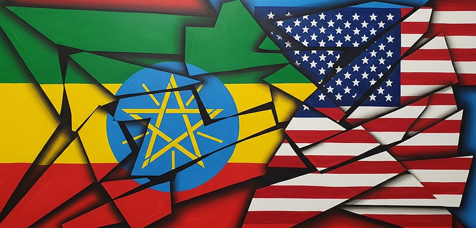 Ethiopia USA flags, Generated by Google Gemini AI on August 10, 2025. All flags, maps, and likenesses contained within this image are not necessarily accurate representations of reality.