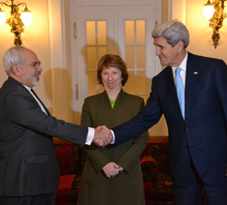 Kerry shakes hand with Iranian counterpart to seal the Iran nuclear deal.