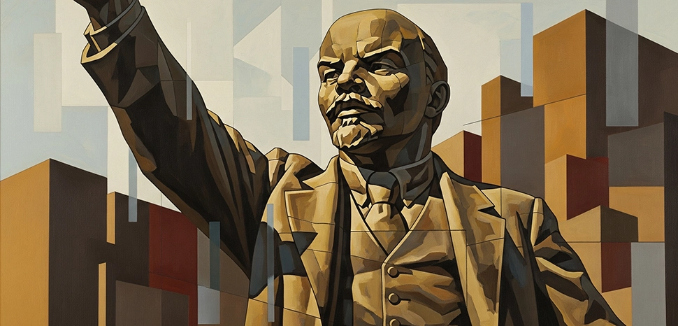 Lenin Sttue, Generated by Google Gemini AI on August 14, 2025. All flags, maps, and likenesses contained within this image are not necessarily accurate representations of reality.