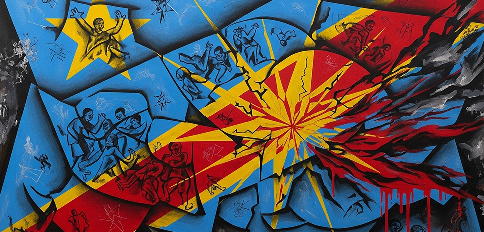 DRC Flag conflict abstraction, Generated by Google Gemini AI on August 14, 2025. All flags, maps, and likenesses contained within this image are not necessarily accurate representations of reality.
