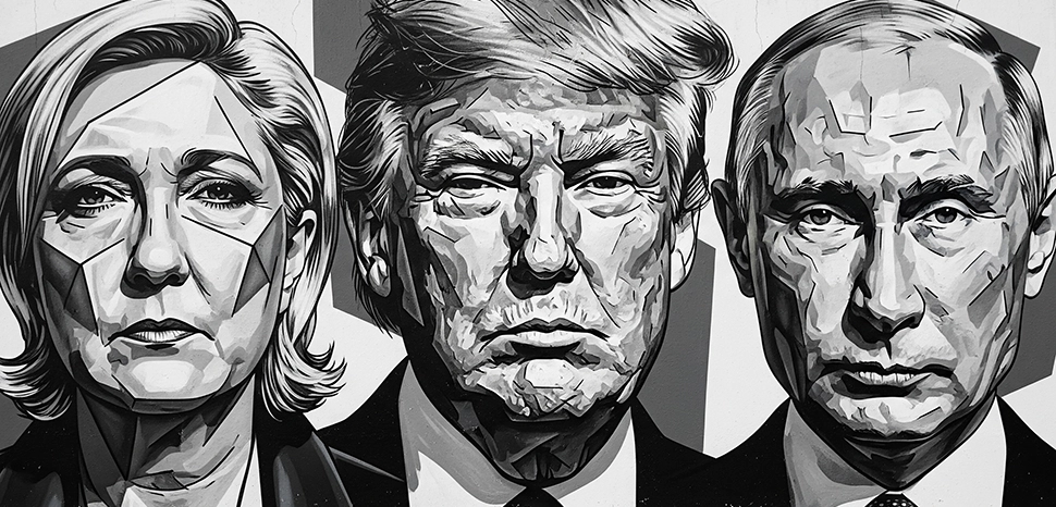                 Le Pen, Putin, Trump, Generated by Google Gemini AI on August 14, 2025. All flags, maps, and likenesses contained within this image are not necessarily accurate representations of reality.
              