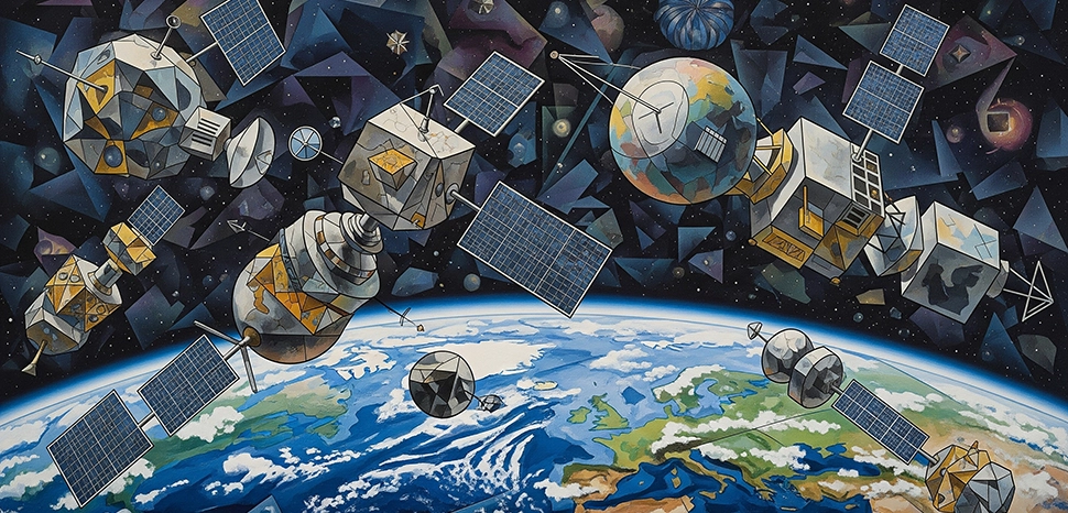                 Satellites in space, Generated by Google Gemini AI on August 14, 2025. All flags, maps, and likenesses contained within this image are not necessarily accurate representations of reality.
              