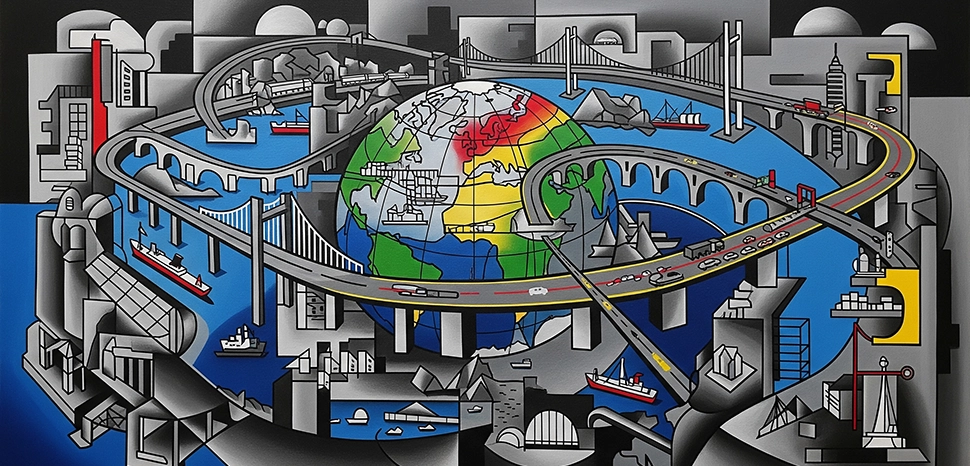 Belt and Road abstraction, Generated by Google Gemini AI on August 15, 2025. All flags, maps, and likenesses contained within this image are not necessarily accurate representations of reality.