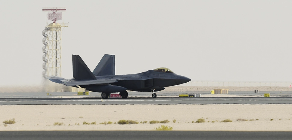 AL UDEID AIR BASE, Qatar - A U.S. Air Force F-22 Raptor arrives at Al Udeid Air Base, Qatar, June 27, 2019. These aircraft are deployed to Qatar for the first time in order to defend American forces and interests in the U.S. Central Command area of responsibility. (U.S. Air Force photo by Tech. Sgt. Nichelle Anderson) This image was edited for security purposes., https://va.ng.mil/Site-Management/Photos/igphoto/2002604668/