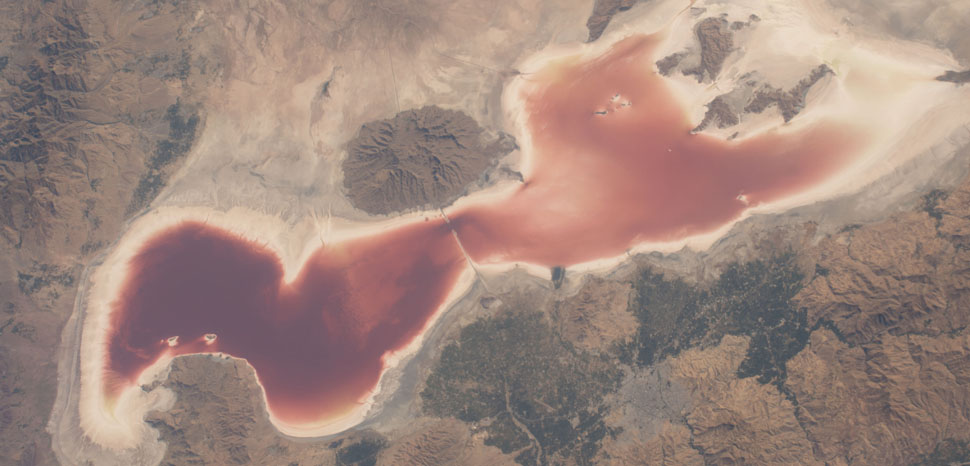 Iran's disappearing Lake Urmia from space in 2016. Photo credit: This image or video was catalogued by Johnson Space Center of the United States National Aeronautics and Space Administration (NASA) under Photo ID: ISS049-E-3471.