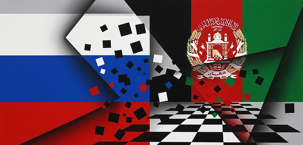 Russia Afghanistan, Generated by Google Gemini AI on August 19, 2025. All flags, maps, and likenesses contained within this image are not necessarily accurate representations of reality.