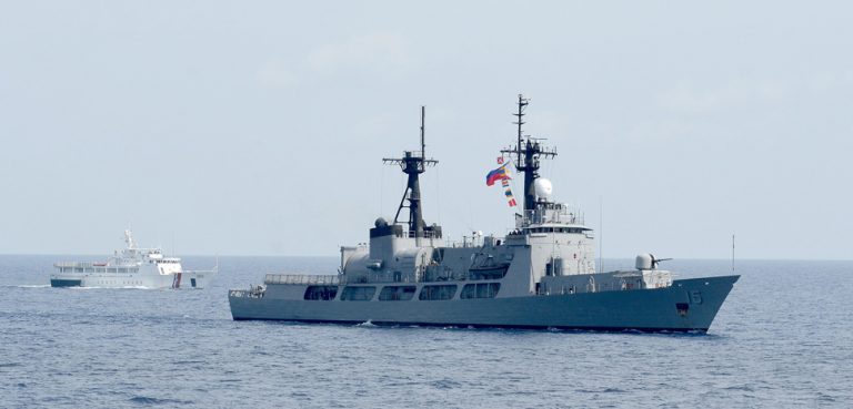 130629-N-YU572-272 PHILIPPINE SEA (June 29, 2013) - The Philippine Coast Guard vessel Edsa (SARV 002), left, and the Philippine Navy frigate Gregorio Del Pilar (PF 15) steam in formation during Cooperation Afloat Readiness and Training (CARAT) Philippines 2013. More than 600 Sailors and Marines are participating in CARAT Philippines 2013. U.S. Navy units participating in CARAT Philippines include the Fitzgerald with embarked Destroyer Squadron (DESRON) 7 staff, a U.S. Marine Corps landing force, and the diving and salvage vessels USNS Safeguard (T-ARS 50) and USNS Salvor (T-ARS 52) with embarked Mobile Diving and Salvage Unit (MDSU) 1. CARAT is a series of bilateral military exercises between the U.S. Navy and the armed forces of Bangladesh, Brunei, Cambodia, Indonesia, Malaysia, the Philippines, Singapore, Thailand and Timor Leste. (U.S. Navy photo by Mass Communication Specialist 1st Class Jay C. Pugh) (RELEASED), cc Naval Surface Warriors, Flickr, modified, https://creativecommons.org/licenses/by-sa/2.0/