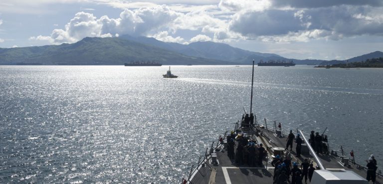 170623-N-ZW825-577 SUBIC BAY, Republic of Philippines (June 23, 2017) Arleigh Burke-class guided-missile destroyer USS Sterett (DDG 104) departs Subic Bay, Republic of Philippines at the conclusion of a scheduled port visit. Sterett is part of the Sterett-Dewey Surface Action Group and is the third deploying group operating under the command and control construct called 3rd Fleet Forward. U.S. 3rd Fleet operating forward offers additional options to the Pacific Fleet commander by leveraging the capabilities of 3rd and 7th Fleets. (U.S. Navy photo by Mass Communication Specialist 1st Class Byron C. Linder/Released) - cc Flickr Naval Surface Warriors, modified - https://creativecommons.org/licenses/by-sa/2.0/
