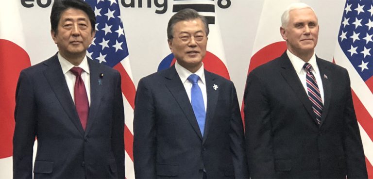 President Moon, Prime MInister ABe, and Vice President Pence, cc S. Herman (Voice of America), modified, https://commons.wikimedia.org/wiki/File:Shinzo_Abe,_Moon_Jae-in,_Pence_in_Pyeongchang.png
