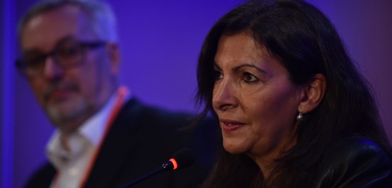 7 November 2017; Anne Hidalgo, Mayor, City of Paris, speaking during a press conference during the opening day of Web Summit 2017 at Altice Arena in Lisbon. Photo by David Fitzgerald/Web Summit via Sportsfile, cc Flickr Web Summit, modified, https://creativecommons.org/licenses/by/2.0/