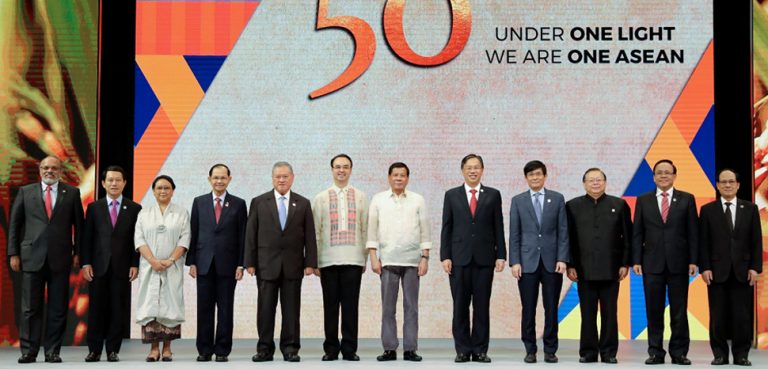President Rodrigo Roa Duterte poses for a photo with the foreign ministers from participating countries in the Association of Southeast Asian Nations (ASEAN) Foreign Ministers Meeting during its closing ceremony at the Philippine International Convention Center in Pasay City, Metro Manila on August 8, 2017., Presidential Communications Operations Office, Philippines, public domain, modified, https://commons.wikimedia.org/wiki/File:ASEAN_50th_Anniversary.jpg