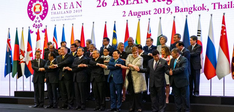 U.S. Secretary of State Michael R. Pompeo participates in the ASEAN Regional Forum Ministerial in Bangkok, Thailand, on August 2, 2019. [State Department Photo by Ron Przysucha/ Public Domain], cc Flickr U.S. Department of State, modified, http://www.usa.gov/copyright.shtml