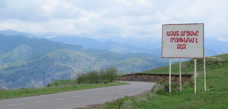 A roadside sign welcomes travellers arriving in the Republic of Nagorno Karabakh from Armenia.,cc Flickr David Stanley, modified, https://creativecommons.org/licenses/by/2.0/