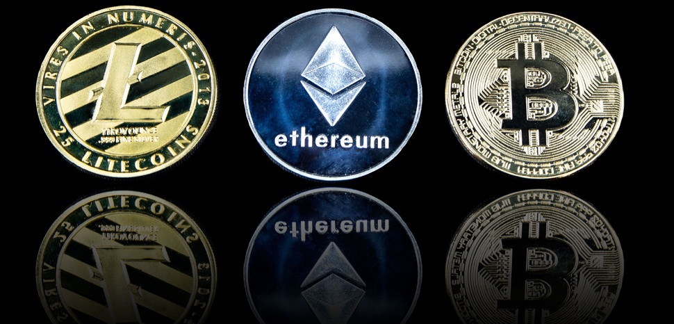 cc Alpari Org, Flickr, modified, An image of some of the most popular cryptocurrencies. This photo shows a Litecoin coin, Ethereum coin and Bitcoin coin standing vertically with reflections underneath them on a black background. This image is released under Creative Commons and is therefore available for reuse. We do request that you credit us with a link to www.alpari.org if you do use this image.