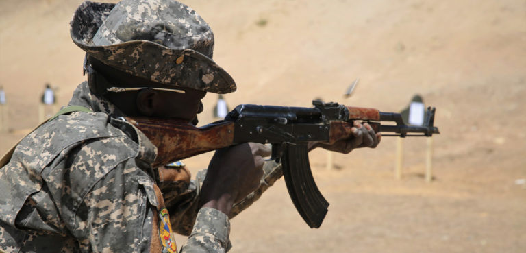 A Chadian Special Forces soldier receives basic rifle marksmanship training at a live fire range Mar. 6, 2017 in Massaguet, Chad as part of Flintlock 17. Flintlock is an annual special operations exercise involving more than 20 nation forces that strengthens security institutions, promotes multilateral sharing of information, and develops interoperability among partner nations in North and West Africa. (Army photo by Sgt. Derek Hamilton) Unit: U.S. Africa Command DVIDS Tags: marksmanship; Flintlock; Chad; Flintlock17, https://commons.wikimedia.org/wiki/File:Marksmanship_training_in_Chad_during_Flintlock_2017_170306-A-KH850-007.jpg