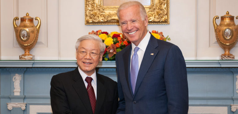 Vice President Biden shakes hands with General Secretary Nguyen Phu Trong at a luncheon at the U.S. Department of State in Washington, D.C. on July 7, 2015. [State Department Photo/Public Domain], cc Flickr US Department of State, modified, https://commons.wikimedia.org/wiki/File:Vice_President_Biden_Shakes_Hands_With_General_Secretary_Nguyen_Phu_Trong_at_a_Luncheon_at_the_State_Department_(18883780193).jpg