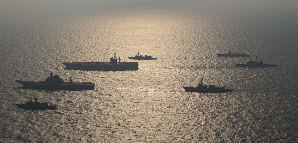 Ships from the Royal Australian Navy, Indian navy, Japan Maritime Self-Defense Force and the United States Navy participate in Malabar 2020., cc Flickr Official U.S. Navy Page, modified, https://www.flickr.com/photos/usnavy/50613870887/in/photolist-2k7zjsk-2k8s7Fo-2k89r7Y-CwWaMh-VAfibR-WRGbUK-Vy11vY-VABjDi-Vy12ij-Vy11WY-VxZZwo-WLxHNh-Vy115Y-YyiLr5-2dTgKFL-ZKcBLA-ZMX6cZ-ZJdAZ9-FRntMV-W35JeS-WH1K2J-WEc1eM-WEbZ9k-XiQ3Wi-L1sqBu-L1sqks-L1sqSE-2dTg7Xf-2dAocUi-2dThcf1-2eZe3Pn-5DFc39-2853ShY-Vsm6Ad-VsYesT-VzHAWo-WASr2E-Wt8vjV-VsYdyD-WgyQ6J-WASqmG-W5saTj-WgyNP5-WgyP4y-WNhu1L-WJyqWR-WgyQHA-WgyPsu-W7bPss-2853RBu