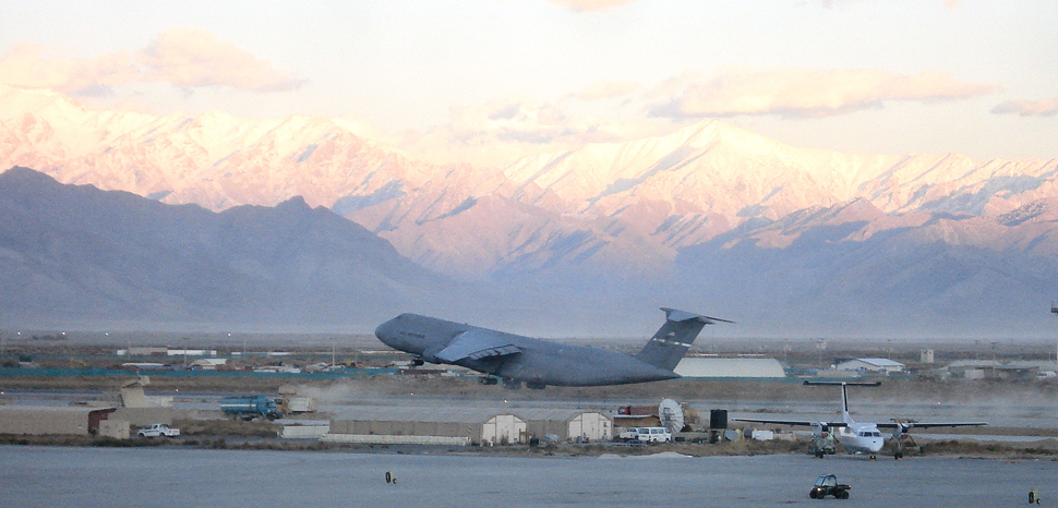 A C-5 Galaxy takes off from a runway at Bagram Air Base, Afghanistan. In recent years, the 22nd Airlift Squadron has participated in missions in Afghanistan supporting Operation Enduring Freedom., cc USGOV-PD, modified, https://en.wikipedia.org/wiki/File:22d_Airlift_Squadron_C-5_taking_off_from_Bagram_Air_Base_Afghanistan.jpg