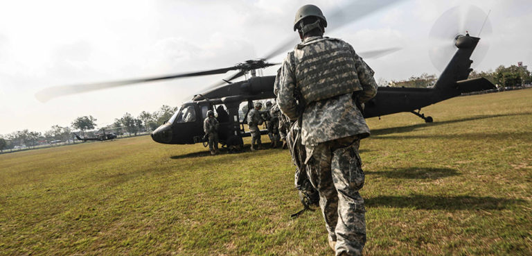 U.S. Soldiers, assigned to Alpha Company, 2nd Battalion, 3rd Infantry Regiment, 1-2 Stryker Brigade, board a UH-60 Black Hawk during an air assault exercise with Royal Thai Army Soldiers assigned to 31st Regiment, 1st Battalion, 3rd Riffle Company, during exercise Cobra Gold 16 in Lop Buri, Thailand, Feb. 13, 2016. Cobra Gold increases cooperation, and collaboration among partner nations in order to achieve effective solution to common challenges. The U.S Soldiers are currently deployed from Joint Base Lewis-McChord, Wash., on the first leg of Pacific Pathways 16-1, the U.S. Army Pacific's premier method to capitalize on multiple training opportunities in several countries with partner militaries over a three-to-four month period. Unit: 25th Infantry Division, modified, https://commons.wikimedia.org/w/index.php?title=Special:Search&limit=500&offset=0&ns0=1&ns6=1&ns14=1&sort=last_edit_desc&search=thailand+army+filetype%3Abitmap&sort=last_edit_desc&advancedSearch-current={%22fields%22:{%22filetype%22:%22bitmap%22}}#/media/File:Air_assault_exercise_CG_16_160213-A-HH432-002.jpg