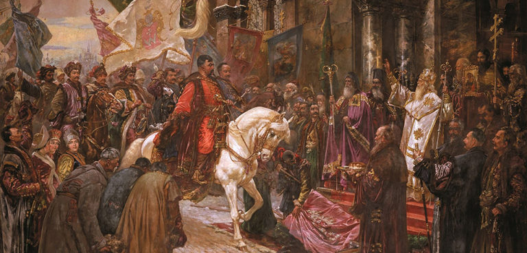 Hetman Bohdan Khmelnytsky's triumphal entry to Kyiv in 1648, cc, modified, https://en.wikipedia.org/wiki/Cossack_Hetmanate#/media/File:Pic_I_V_Ivasiuk_Mykola_Bohdan_Khmelnytskys_Entry_to_Kyiv.jpg