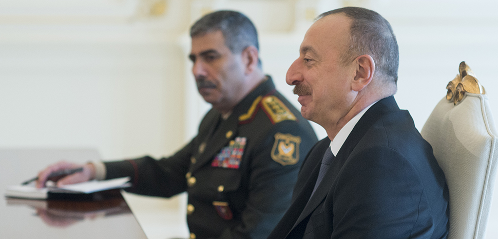 cc Marine Corps Gen. Joseph F. Dunford Jr., chairman of the Joint Chiefs of Staff, meets with Azerbaijan President Ilham Aliyev to discuss the status of the relationship between the military forces of the United States and Azerbaijan at the Presidential Residence in Baku, Azerbaijan Feb. 16, 2017. (Dept. of Defense photo by Navy Petty Officer 2nd Class Dominique A. Pineiro/Released), modified, Chairman of the Joint Chiefs of Staff