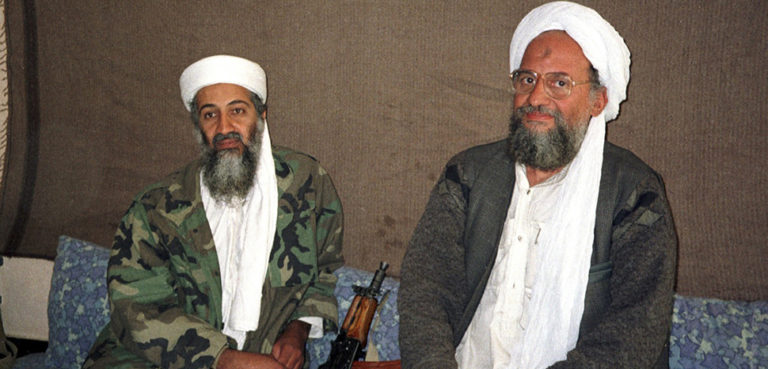 Osama bin Laden sits with his adviser and purported successor Ayman al-Zawahiri during an interview in Afghanistan, Barack Obama; Hamid Mir, modified, https://commons.wikimedia.org/wiki/File:Hamid_Mir_interviewing_Osama_bin_Laden_and_Ayman_al-Zawahiri_2001.jpg