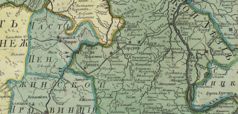 Simbirsk zasechnaya cherta (Simbirskaya, Saranskaya, Karsunskaya, Penzenskaya defense lines). Fragment from: First official geographic atlas of the Russian Empire (1745). Map of Kazan governorate, nearest provinces and part of Volga river. Hand-coloured copper engraving. / https://commons.wikimedia.org/w/index.php?title=Special:Search&limit=500&offset=0&ns0=1&ns6=1&ns14=1&search=old+map+russia#/media/File:Russian_Empire_1745_(Map_IX_HQ).Simbirskaja_cherta.jpg