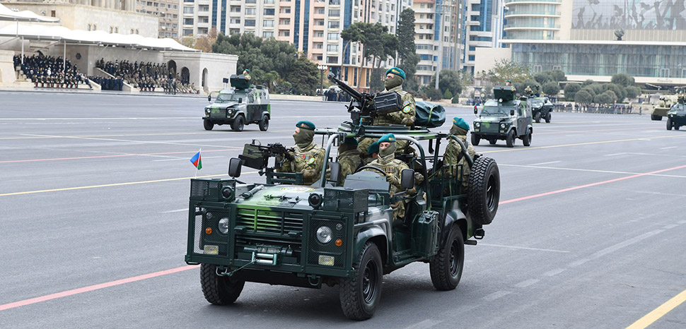 A military parade in Azerbaijan following the 2020 war; cc president.az, modified, https://commons.wikimedia.org/wiki/File:Military_vehicles_of_Azerbaijan_at_the_2020_Victory_parade_35.jpg