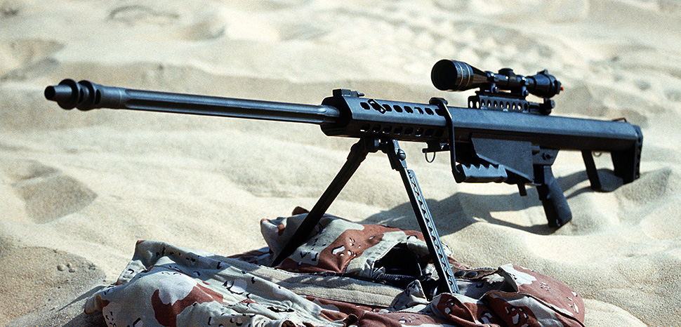 cc SPC. HENRY, modified, A Model 82A1 .50-caliber sniping rifle deployed by the 60th Ordnance Detachment during Operation Desert Shield. https://commons.wikimedia.org/wiki/File:Barret_M82_DA-ST-92-07336.jpg
