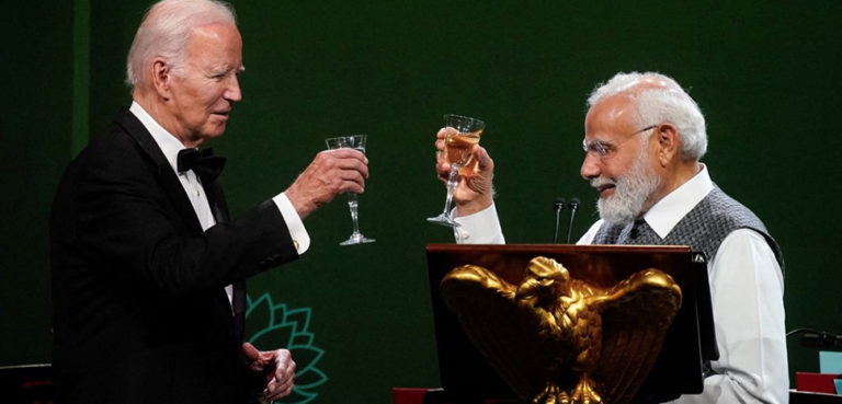 cc Nandita Bose and Patricia Zengerle (23rd June, 2023) - The White House and Reuters. modified, https://commons.wikimedia.org/w/index.php?search=modi%20biden&ns0=1&ns6=1&ns12=1&ns14=1&ns100=1&ns106=1#/media/File:Narendra_Modi_at_White_House_state_dinner_2023.jpg