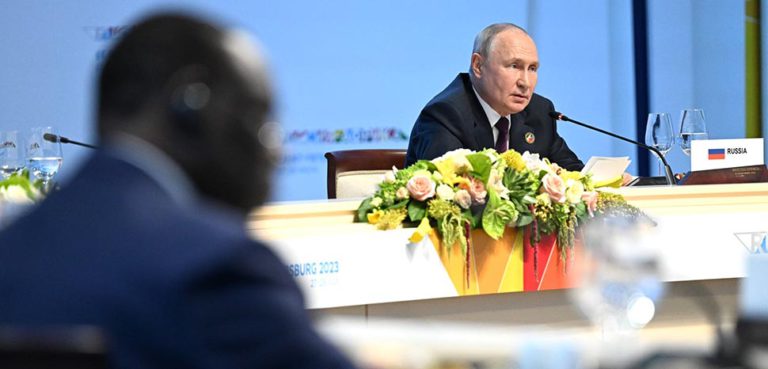 Vladimir Putin at a 2023 Russia-Africa summit in St. Petersburg, modified, http://en.kremlin.ru/events/president/news/71835