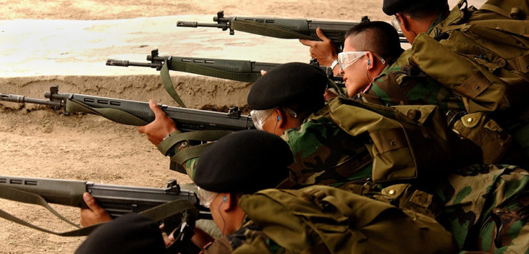 Peruvian and Columbian Army troops train on American weapons systems at Fuerte Lautaro, Santiago, Chile, on Oct. 13, 2002. Cabanas 2002 Chile is a multinational combined readiness training exercise centered around peacekeeping operational tasks. This exercise provides an opportunity for over 1,300 military and civilian personnel from Argentina, Bolivia, Brazil, Chile, Colombia, Ecuador, Paraguay, Peru, Uruguay, and the United States to increase their state of readiness in combined multinational peacekeeping operations and a forum to encourage human rights. (U.S. Air Force photo by Senior Airman Stacy L. Pearsall) (Released)