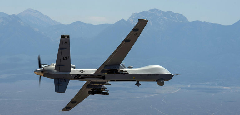 An MQ- Reaper remotely piloted aircraft performs aerial maneuvers over Creech Air Force Base, Nev., June 25, 2015. The MQ-9 Reaper is an armed, multi-mission, medium-altitude, long-endurance remotely piloted aircraft that is employed primarily as an intelligence-collection asset and secondarily against dynamic execution targets. (U.S. Air Force photo by Senior Airman Cory D. Payne/Not Reviewed)