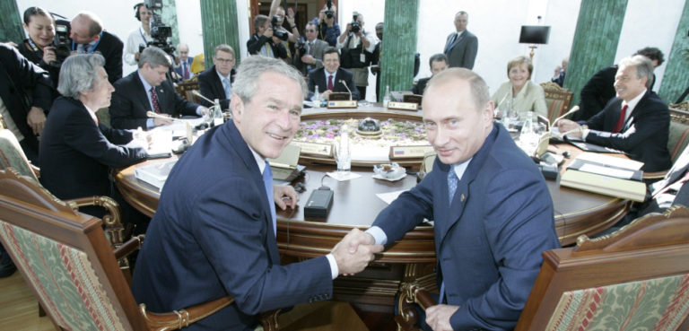 Bush with Putin on 32nd G8 summit, cc Kremlin.ru, modified