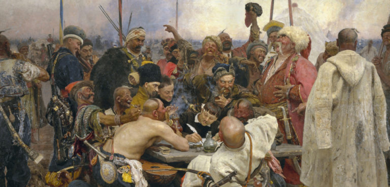 The Zaporozhye Cossacks , to the Sultan, modified, https://en.wikipedia.org/wiki/File:Ilja_Jefimowitsch_Repin_-_Reply_of_the_Zaporozhian_Cossacks_-_Yorck.jpg