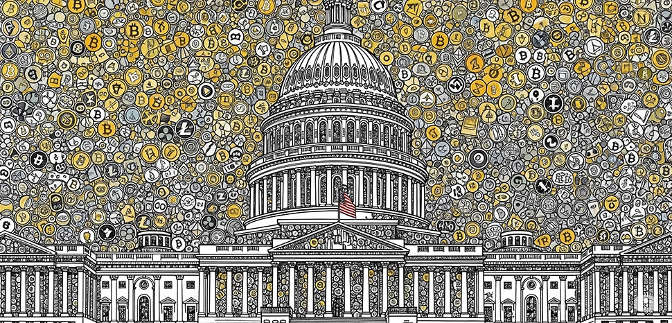 Abstraction of US Congress and cryptocurrencies, Generated by Google Gemini on August 5, 2025.