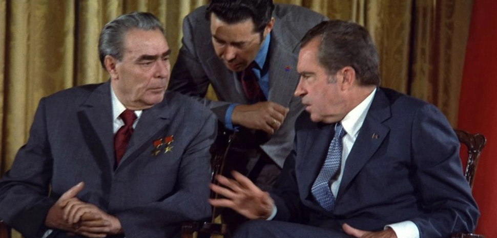 Richard Nixon meets Leonid Brezhnev June 19, 1973 during the Soviet Leader's visit to the U.S.
