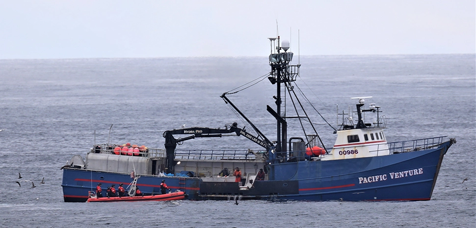 A U.S. Coast Guard Cutter Kimball (WMSL 756) law enforcement team pulls alongside the F/V Pacific Venture prior to conducting a living marine resource boarding in the Bering Sea, June 1, 2024. Kimball’s crew ensured fishing vessels in the Bering Sea were within compliance of all federal fishery conservation laws and safety requirements through the completion of twenty living marine resources boardings during their 122-day patrol of the region. U.S. Coast Guard photo by Ensign James Bongard. - https://www.news.uscg.mil/Doing-Business/Photos/igphoto/2003520062/