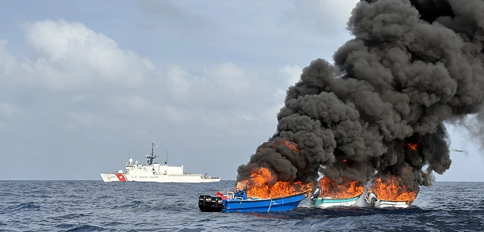 U.S. Coast Guard Cutter Tahoma crew members conduct interdiction operations in the Gulf of America, May 8, 2026. Tahoma’s crew, alongside a deployed Coast Guard Helicopter Interdiction Tactical Squadron aircrew, stopped three suspected smuggling vessels carrying narcotics during a maritime patrol approximately 90 miles off Cartagena, Colombia. (U.S. Coast Guard photo), modified, https://media.defense.gov/2026/May/14/2003930672/-1/-1/0/260508-G-G0107-1002.JPG