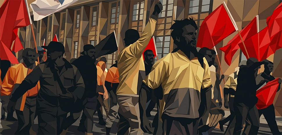Generated by Google Gemini AI on June 2, 2026. All flags, maps, and likenesses contained within this image are not necessarily accurate representations of reality. A modification of this image: https://upload.wikimedia.org/wikipedia/commons/5/5e/The_Right_to_Strike.jpg - cc Stilgherrian; modified.